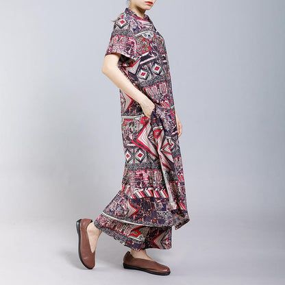 Vintage Printed Split Casual Two Piece Suit