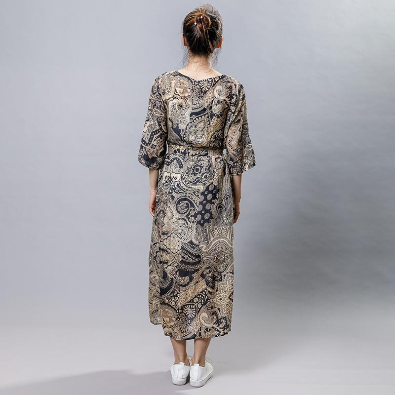 Vintage Ramie Print Drawstring Round Neck Dress