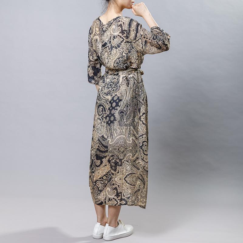 Vintage Ramie Print Drawstring Round Neck Dress