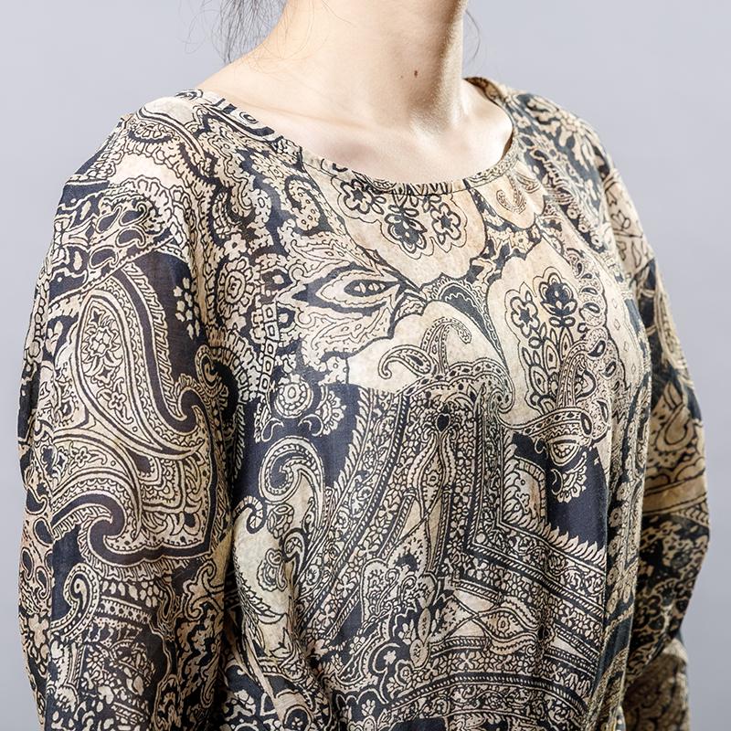 Vintage Ramie Print Drawstring Round Neck Dress