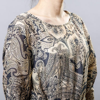 Vintage Ramie Print Drawstring Round Neck Dress
