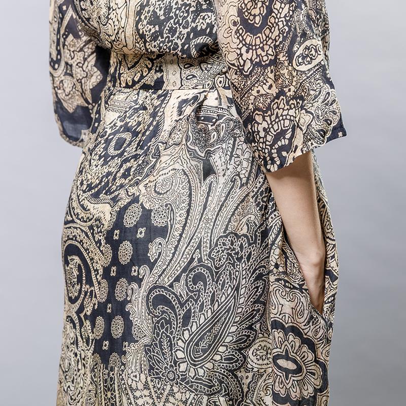 Vintage Ramie Print Drawstring Round Neck Dress