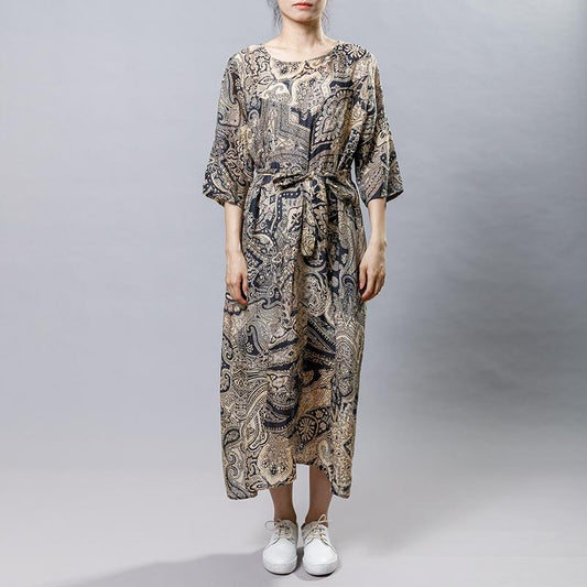 Vintage Ramie Print Drawstring Round Neck Dress
