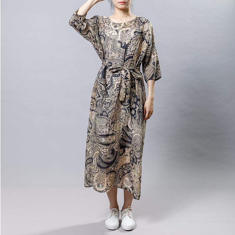 Vintage Ramie Print Drawstring Round Neck Dress