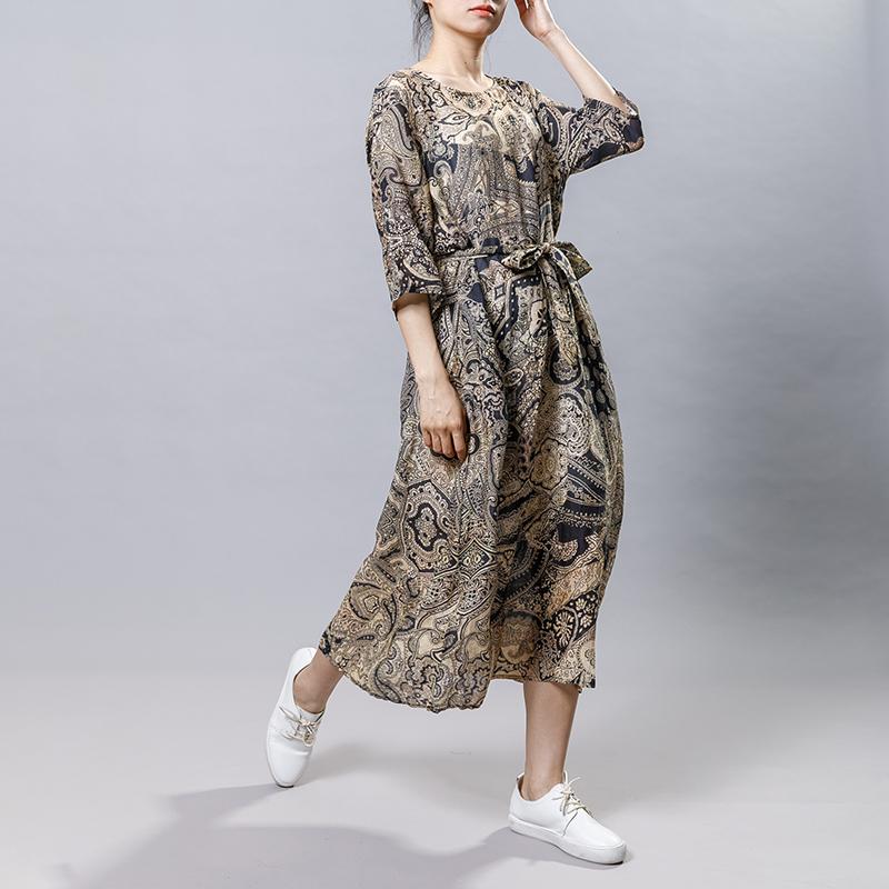 Vintage Ramie Print Drawstring Round Neck Dress