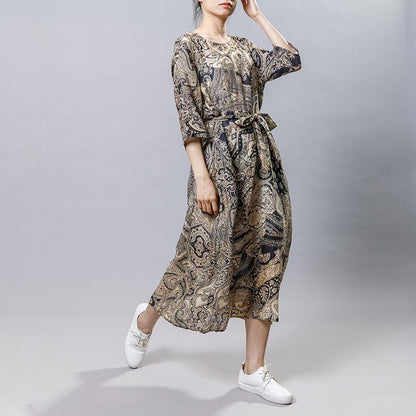 Vintage Ramie Print Drawstring Round Neck Dress