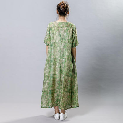 Vintage Ramie Round Neck Short Sleeve Dress