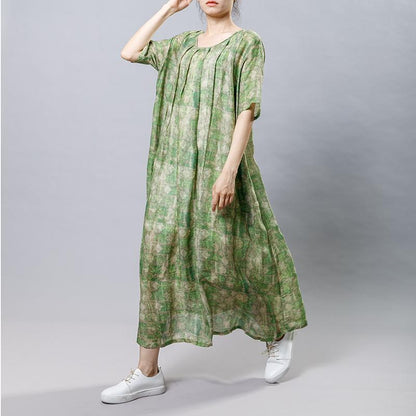 Vintage Ramie Round Neck Short Sleeve Dress