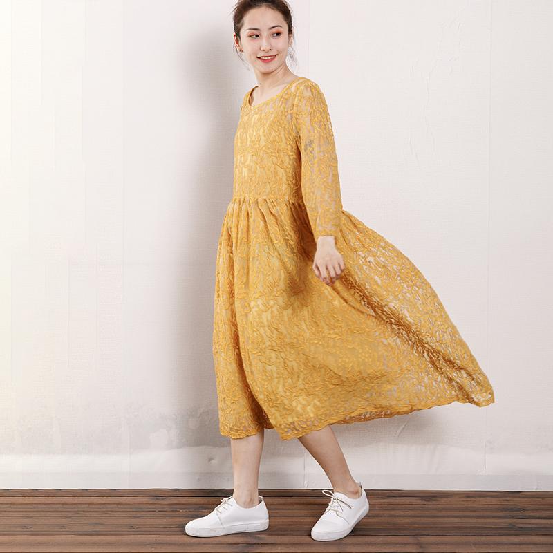 Vintage Round Neck Hollow Out Women Dress