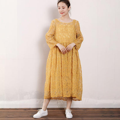 Vintage Round Neck Hollow Out Women Dress
