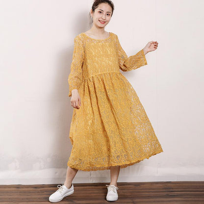 Vintage Round Neck Hollow Out Women Dress