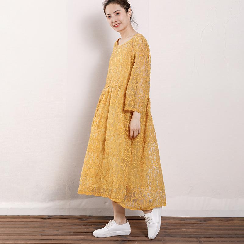 Vintage Round Neck Hollow Out Women Dress