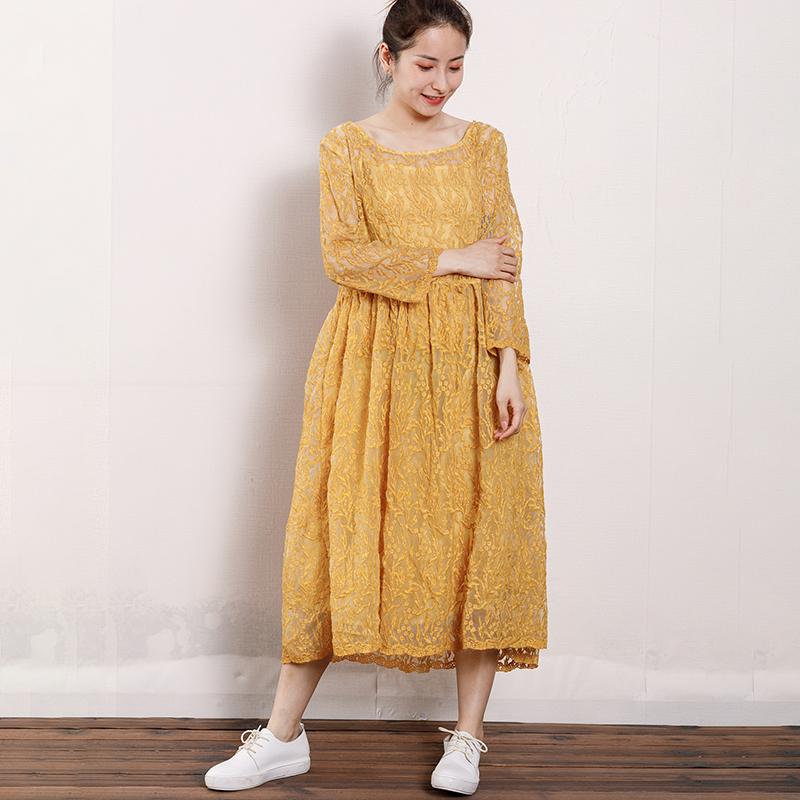 Vintage Round Neck Hollow Out Women Dress