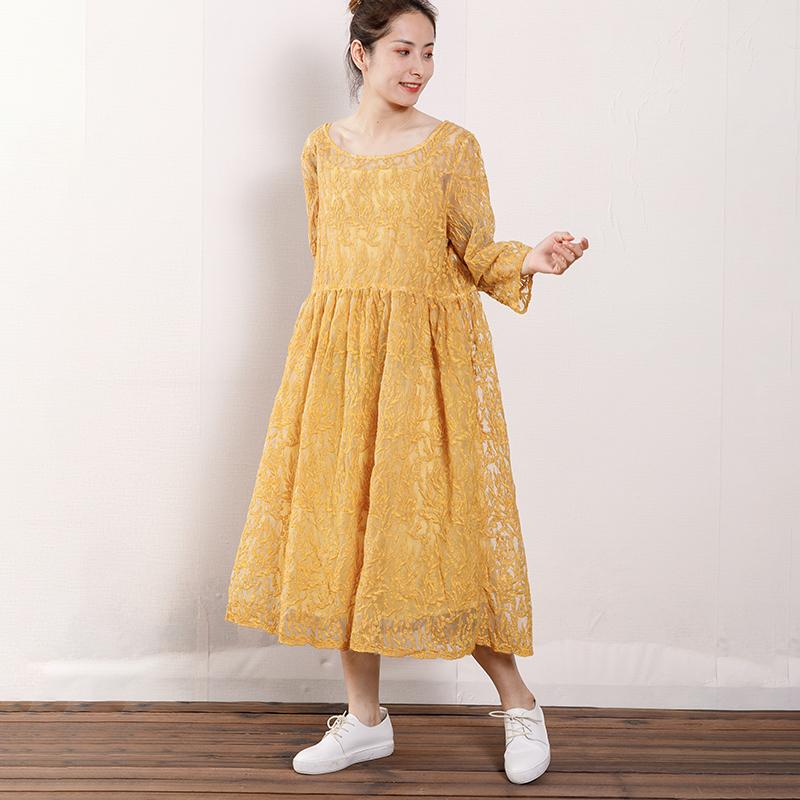 Vintage Round Neck Hollow Out Women Dress