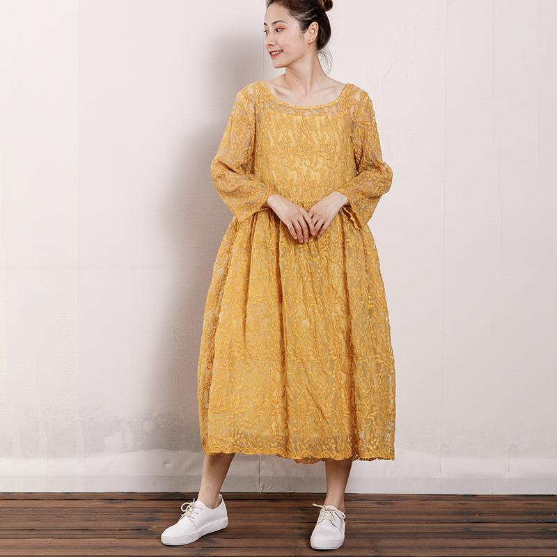 Vintage Round Neck Hollow Out Women Dress