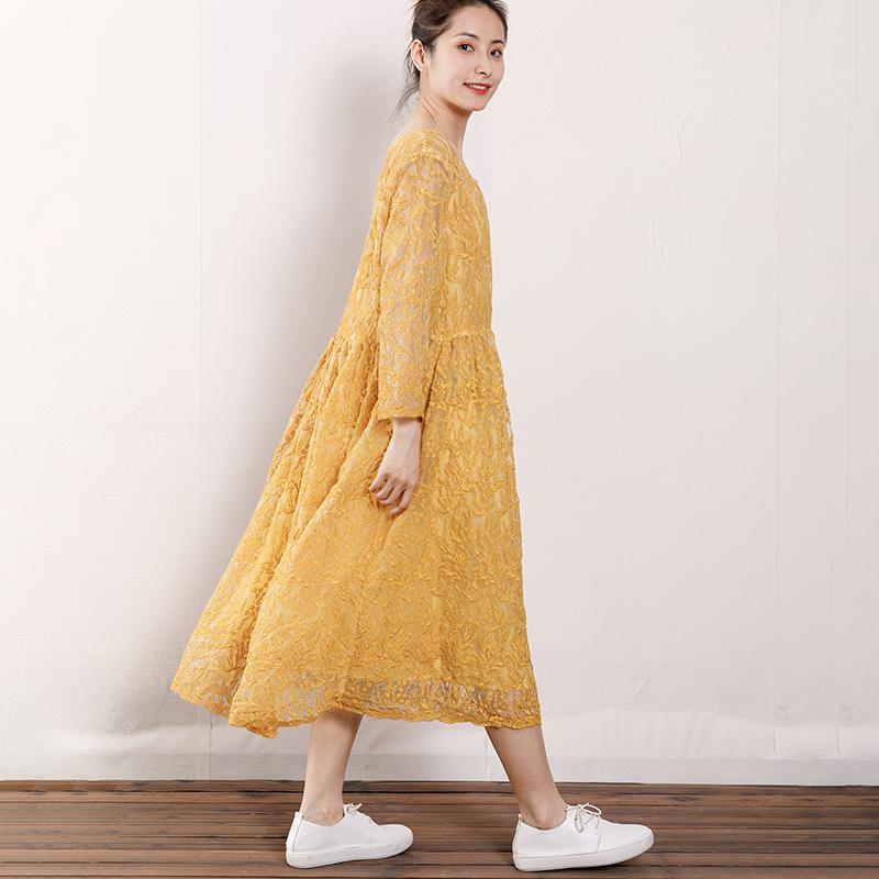 Vintage Round Neck Hollow Out Women Dress