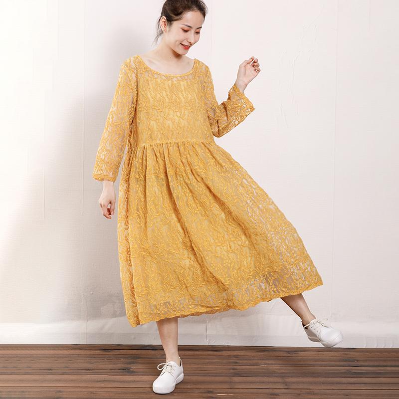 Vintage Round Neck Hollow Out Women Dress