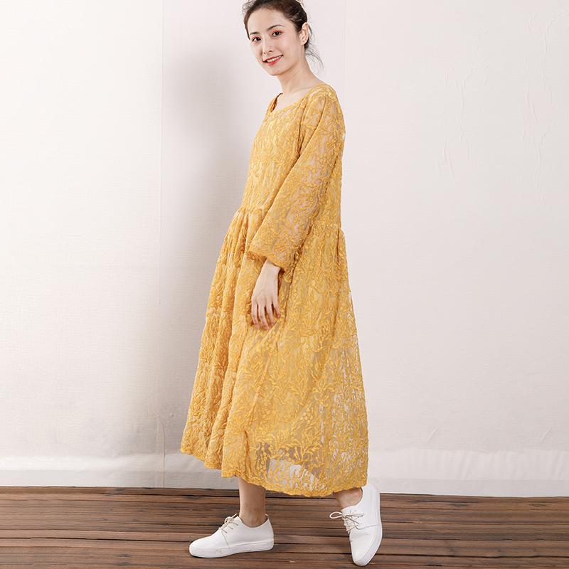 Vintage Round Neck Hollow Out Women Dress