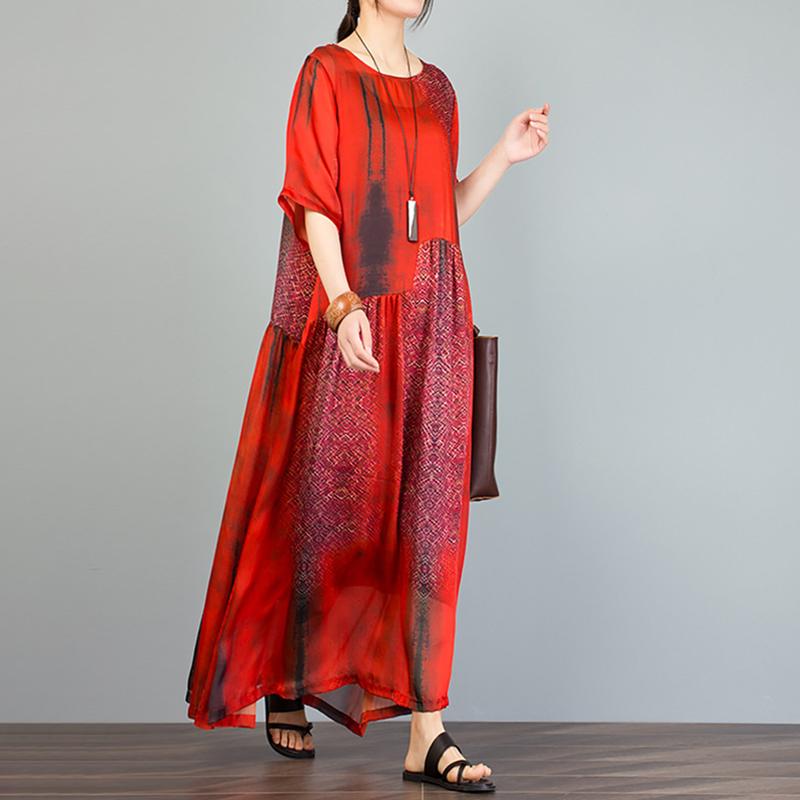 Vintage Round Neck Spliced Print Dress