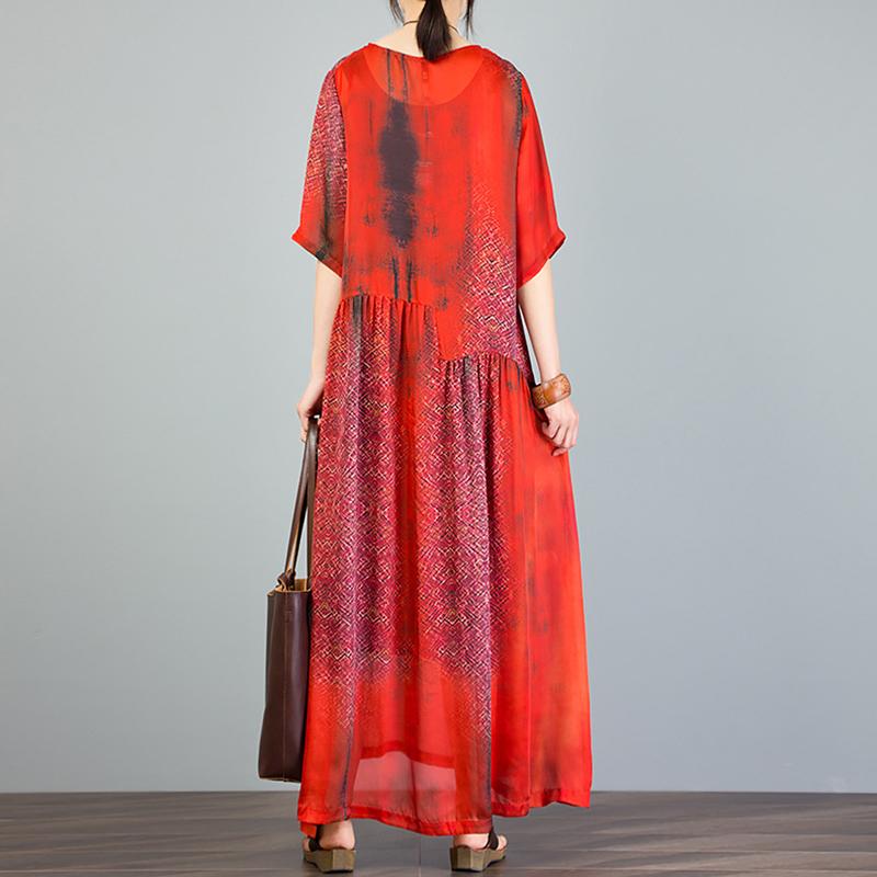 Vintage Round Neck Spliced Print Dress