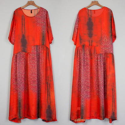 Vintage Round Neck Spliced Print Dress