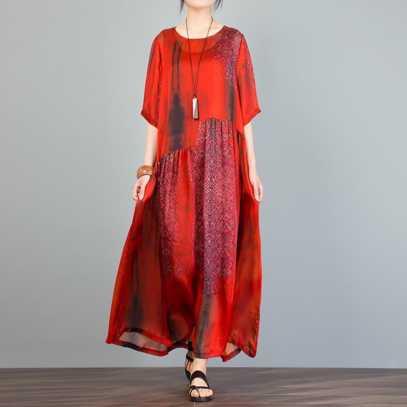 Vintage Round Neck Spliced Print Dress