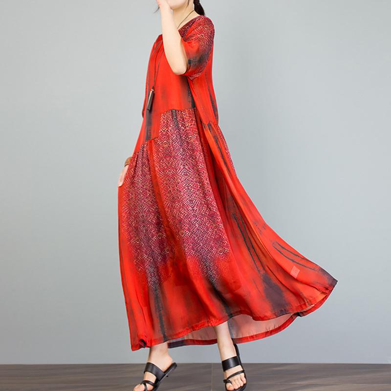 Vintage Round Neck Spliced Print Dress