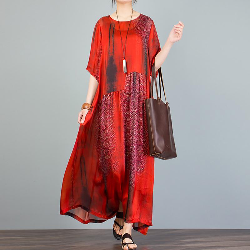 Vintage Round Neck Spliced Print Dress