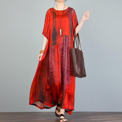 Vintage Round Neck Spliced Print Dress