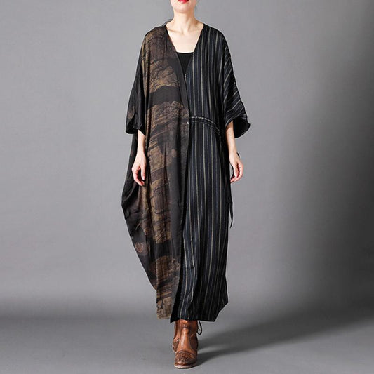 Vintage Spliced Stripe Lacing Trench Coat