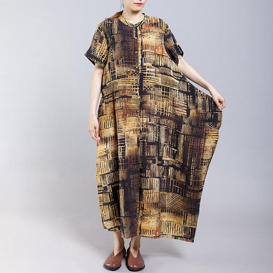 Vintage Stand Collar Print Short Sleeve Dress