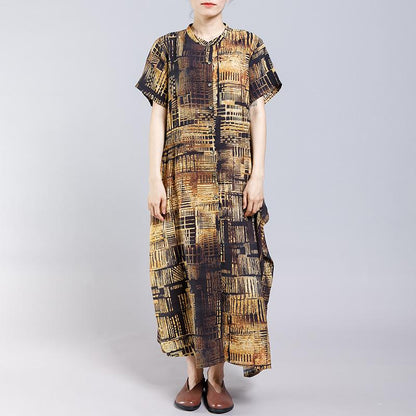 Vintage Stand Collar Print Short Sleeve Dress