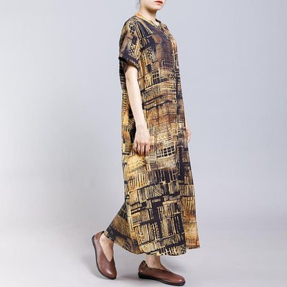 Vintage Stand Collar Print Short Sleeve Dress