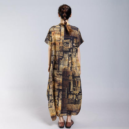 Vintage Stand Collar Print Short Sleeve Dress