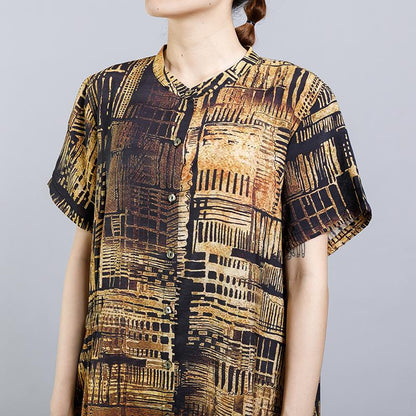 Vintage Stand Collar Print Short Sleeve Dress