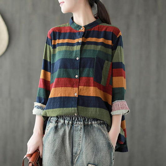 Vintage Striped Cotton Linen Long Sleeve Shirt