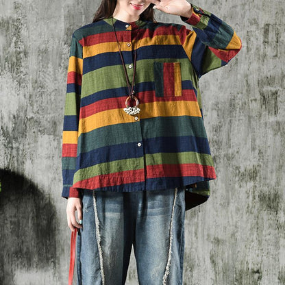 Vintage Striped Cotton Linen Long Sleeve Shirt