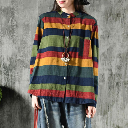 Vintage Striped Cotton Linen Long Sleeve Shirt