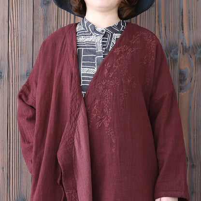 Vintage Women Long Sleeve Lacing Embroidered Wine Red Coat