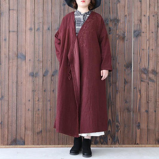 Vintage Women Long Sleeve Lacing Embroidered Wine Red Coat