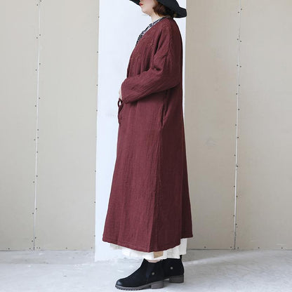 Vintage Women Long Sleeve Lacing Embroidered Wine Red Coat