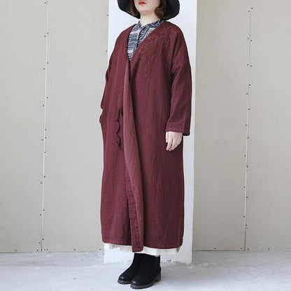 Vintage Women Long Sleeve Lacing Embroidered Wine Red Coat