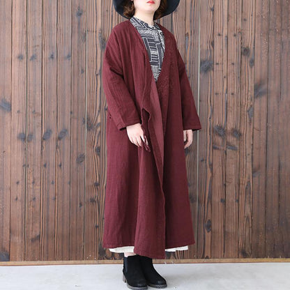 Vintage Women Long Sleeve Lacing Embroidered Wine Red Coat