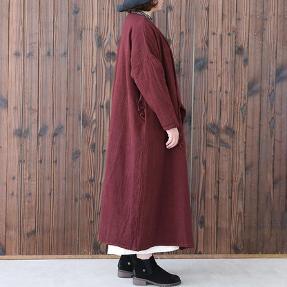 Vintage Women Long Sleeve Lacing Embroidered Wine Red Coat