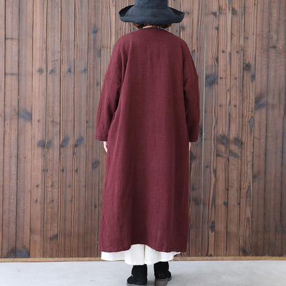 Vintage Women Long Sleeve Lacing Embroidered Wine Red Coat