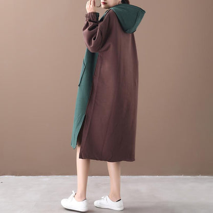 Warm Fabric Stitching Casual Hooded Dress