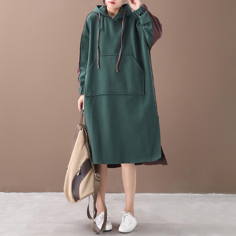 Warm Fabric Stitching Casual Hooded Dress