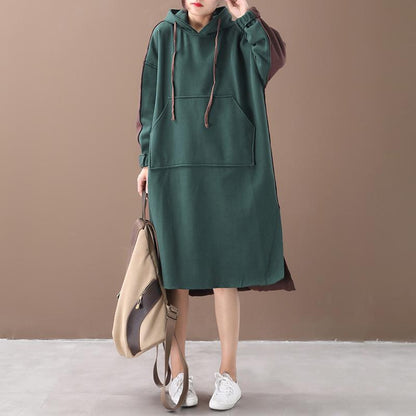 Warm Fabric Stitching Casual Hooded Dress