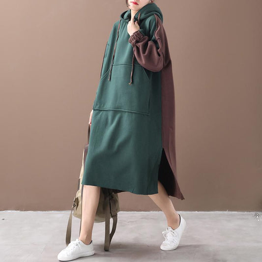 Warm Fabric Stitching Casual Hooded Dress