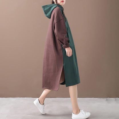 Warm Fabric Stitching Casual Hooded Dress
